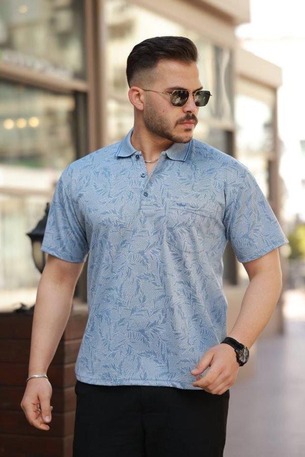 Erkek Yakalı Jakar Baskılı Kısa Kollu T-shirt - Image 1