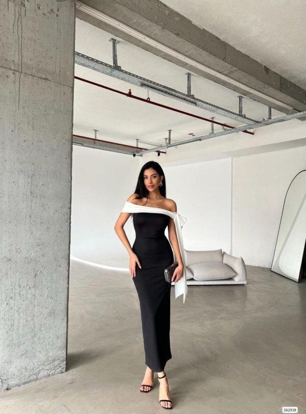 Kadın Madonna Yaka Skuba Krep Kumaş Kurdale Detay Elbise - Image 1