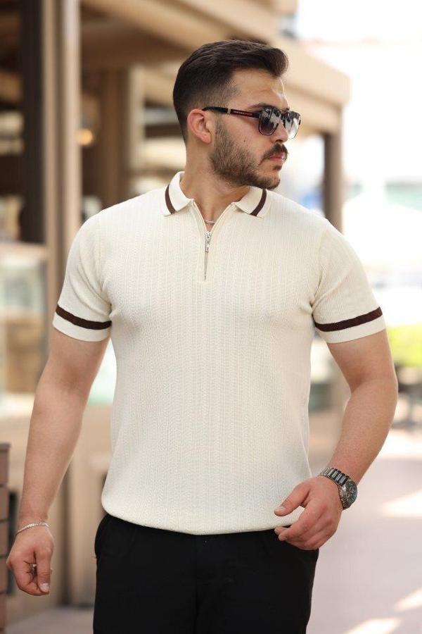 Erkek Yaka Ve Kolları çizgi Detaylı Fermuarlı Kısa Kollu T-shirt - Image 1