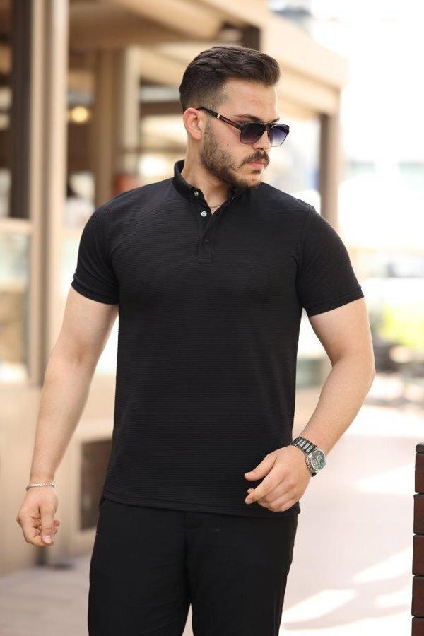 Erkek çizgi Dokulu çıtçıt Yakalı Kısa Kollu T-shirt - Image 1