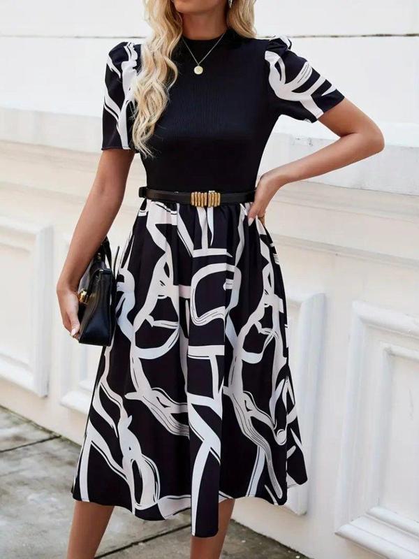 Kadın Kısa Kollu Yarı Balıkçı Yaka üst Viskon Alt Desenli Dokuma Midi Elbise - Image 1