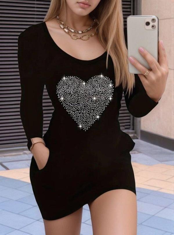 Kadın Uzun Kollu Yuvarlak Yaka Taşlı Kalp Desenli Viskon Iki Iplik Elbise - Image 1