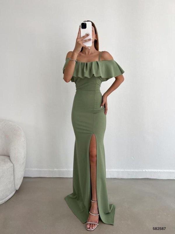 Kadın Dalgıç Krep Yırtmaç Detaylı Askılı Maxi Boy Elbise - Image 1