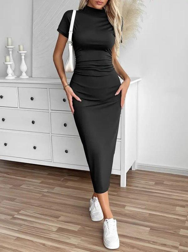 Kadın Yarı Balıkçı Yaka Yırtmaçlı Dalgıç Midi Elbise - Image 1