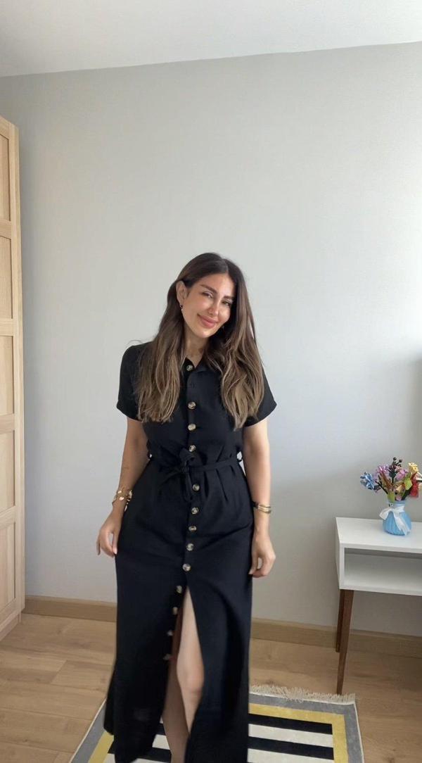 Kadın Kısa Kollu Yakalı önden Düğmeli Beli Kuşaklı Ithal Keten Elbise - Image 1