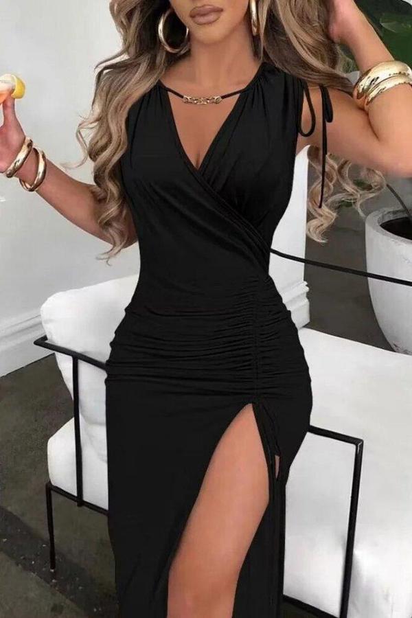 Kadın Sıfır Kollu V Yakalı Yırtmaç Detaylı Beli Büzgülü Omuzdan Bağcıklı Sandy Maxi Elbise - Image 1