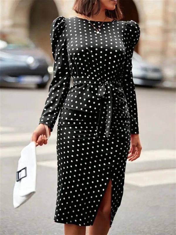 Kadın Uzun Kollu Yuvarlak Yaka Belden Kuşaklı önden Yırtmaçlı örme Krep Elbise - Image 1