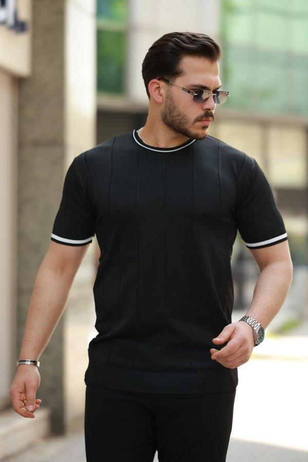 Erkek Bisiklet Yaka çizgi Desenli Ribanalı Kısa Kollu Tshirt - Image 1
