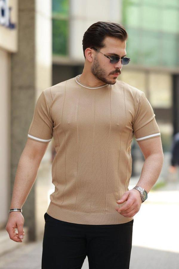 Erkek Bisiklet Yaka çizgi Desenli Ribanalı Kısa Kollu Tshirt - Image 1