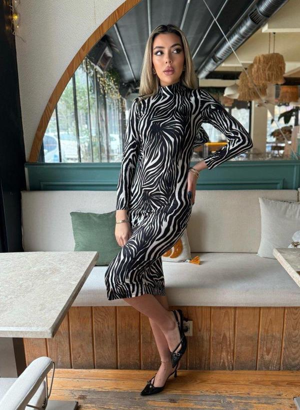 Kadın Zebra Desen Süet Kumaş Fırsat ürün Midi Boy Elbise - Image 1