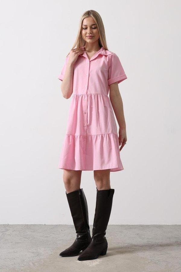 Kısa Kol Düğmeli Elbise - Şeker Pembe - Image 1