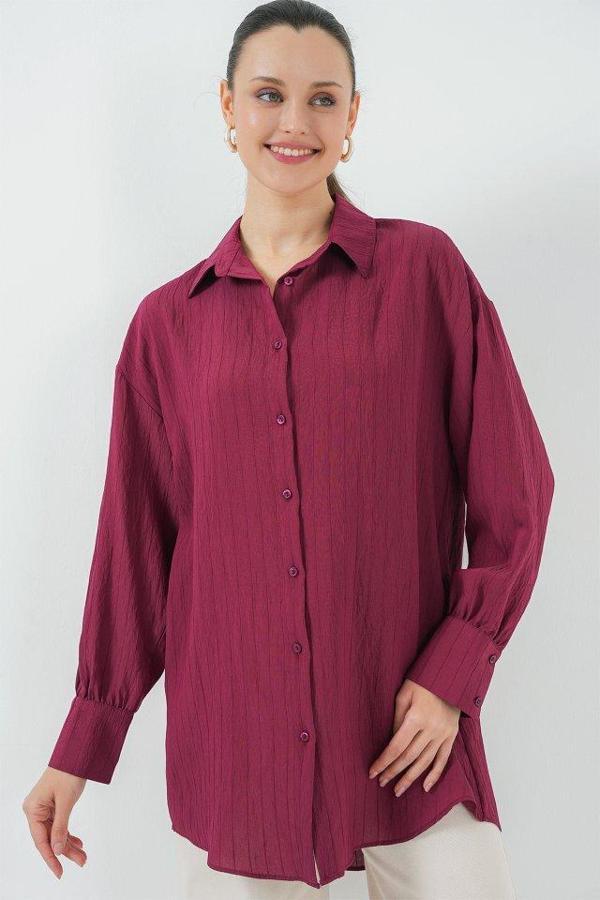 Çizgili Uzun Gömlek Tunik 5963 - Bordo - Image 1