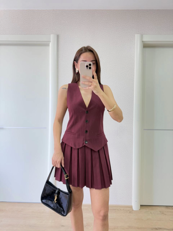 Takım Görünümlu Yelekli Mini Elbise- Bordo - Image 1