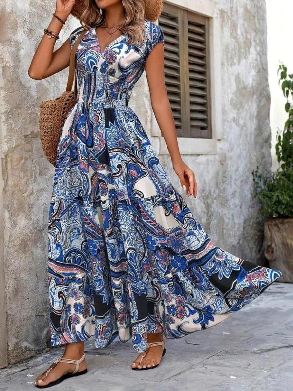 Kadın Kısa Yarasa Kanat Kollu V Yakalı Beli Büzgülü Süprem Elbise - Image 1