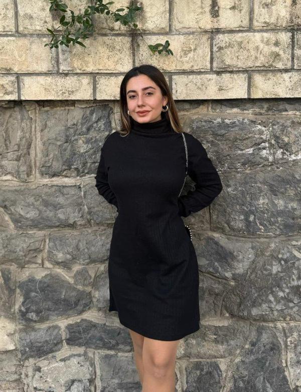 Kadın Uzun Kollu Balıkçı Yaka Kısa şardonlu Kaşkorse Elbise - Image 1