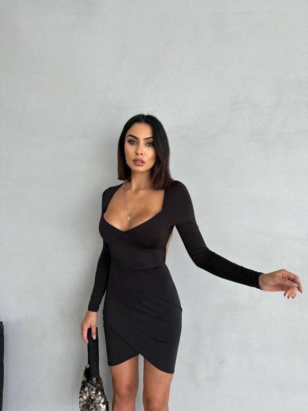 Kadın Uzun Kollu Göğüs Ve Sırt Dekolteli Kruvaze Etek Detay Fırsat ürün Mini Elbise - Image 1