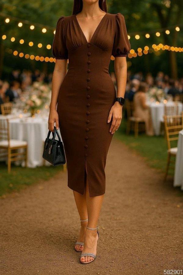 Kadın V Yaka Önü Düğmeli Sırt Pencere Dekolte Elbise - Image 1