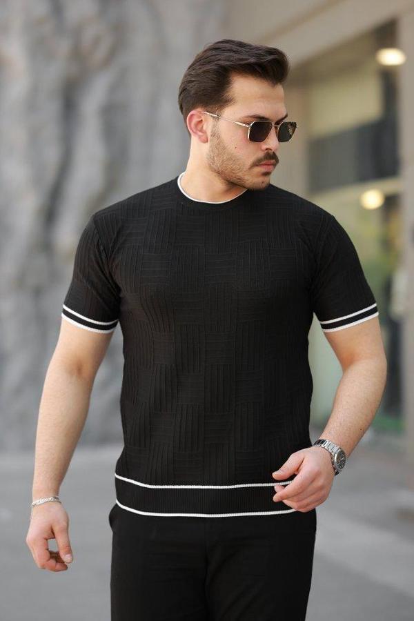 Erkek Jakarlı Ribanalı Kısa Kollu T-shirt - Image 1