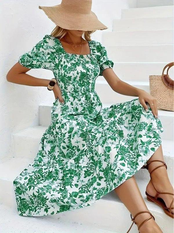 Kadın Kısa Kollu Kare Yakalı Lastikli Desenli Süprem Elbise - Image 1