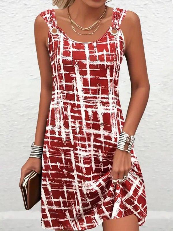 Kadın Askılı Kuş Gözü Detaylı Desenli Süprem Elbise - Image 1