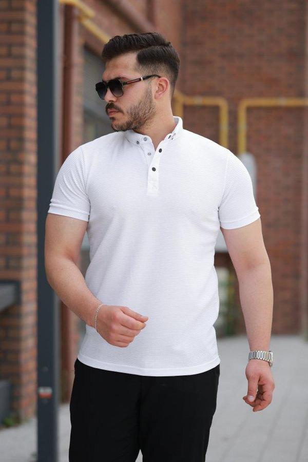 Erkek çizgi Dokulu çıtçıt Yakalı Kısa Kollu T-shirt - Image 1