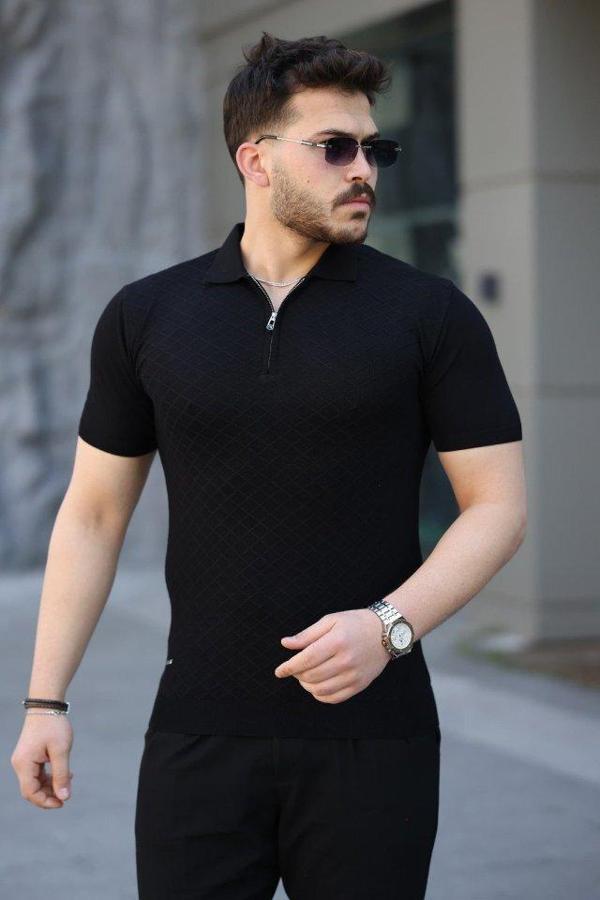 Erkek Viskon Kumaş Polo Yaka Desenli Tişört - Image 1