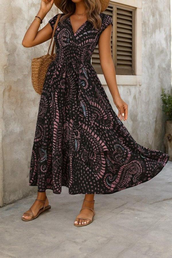 Kadın Kısa Yarasa Kanat Kollu V Yakalı Beli Büzgülü Süprem Elbise - Image 1