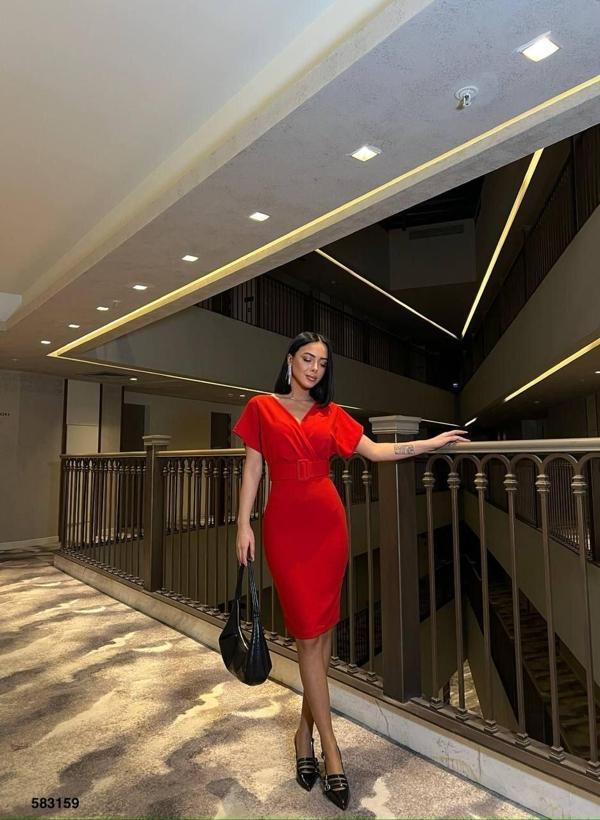 Kadın Dalgıç Krep V Yaka Ve Sırt Dekolte Detaylı Elbise - Image 1