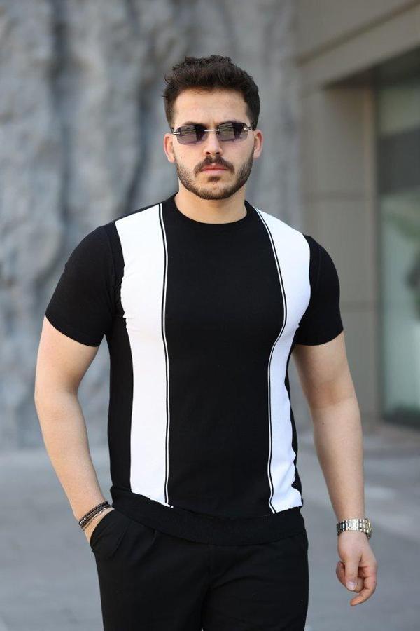 Erkek Viskon Kumaş Bisiklet Yaka çizgi Desenli Tişört - Image 1