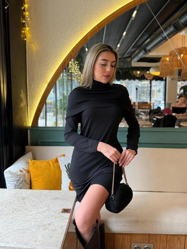 Kadın Uzun Kollu Balıkçı Yaka Omuz Katlamalı Dalgıç Kısa Elbise - Image 1