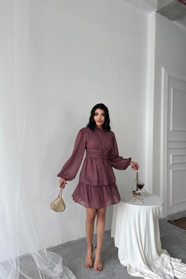 ŞİFON KATLI UZUN KOL ELBİSE - Pudra - Image 1