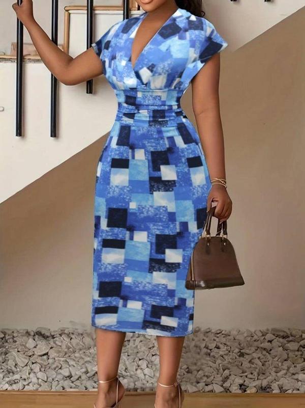 Kadın Kısa Kollu Derin V Yaka Dalgıç Midi Elbise - Image 1