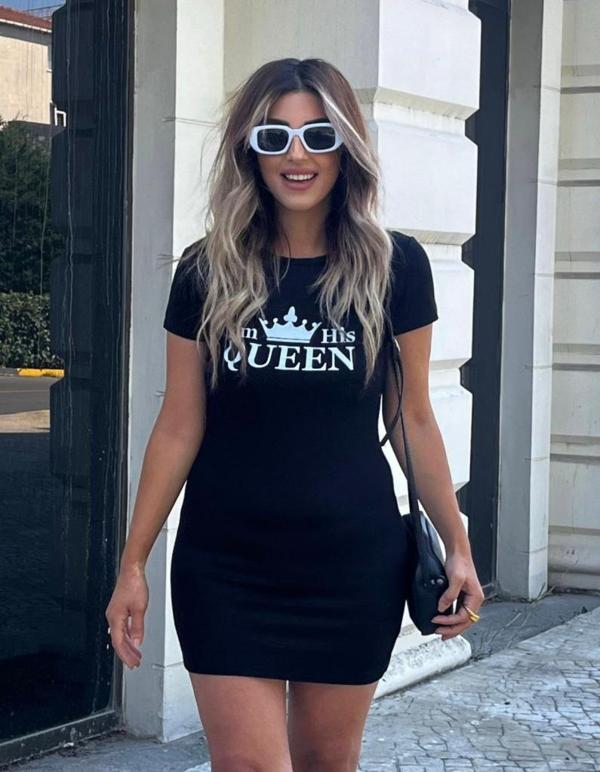 Kadın Kısa Kollu Queen Baskı Iki Iplik Mini Elbise - Image 1