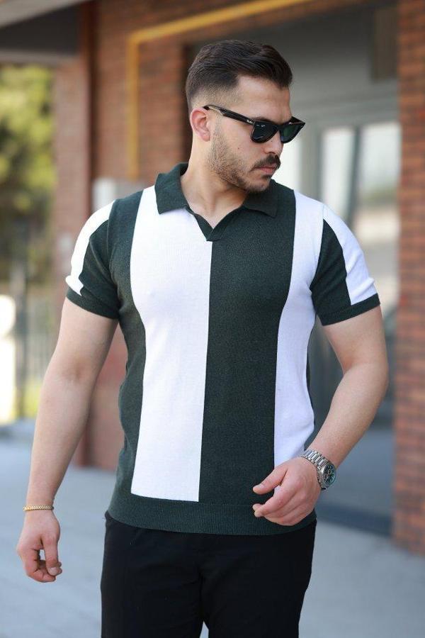 Erkek Kısa Kollu Polo Yakalı Blok Desenli Triko Bluz - Image 1