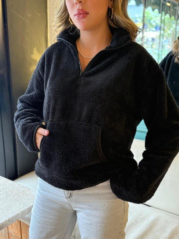 Kadın Uzun Kollu önden Fermuarlı Cepli Peluş Sweat - Image 1