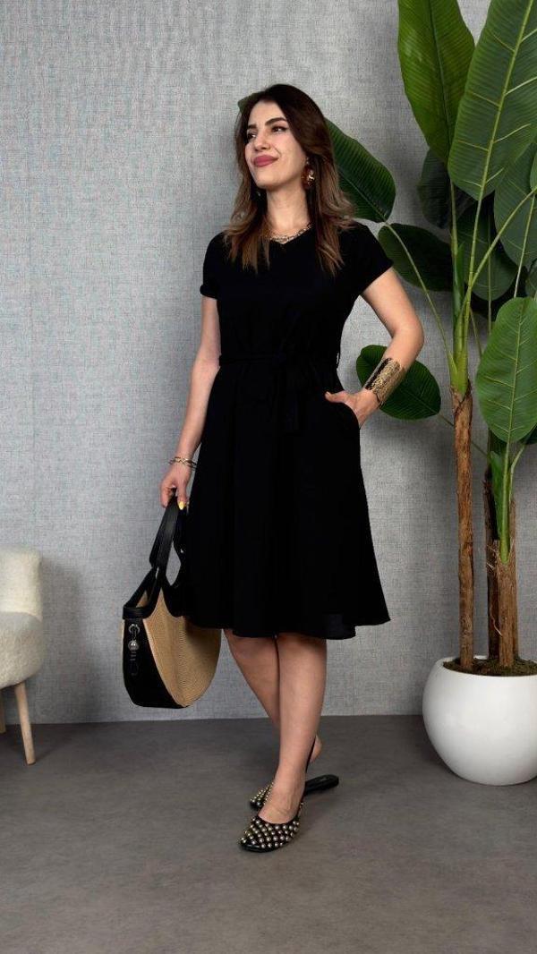 Kadın Kısa Kollu V Yakalı Beli Kuşaklı Ithal Keten Elbise - Image 1