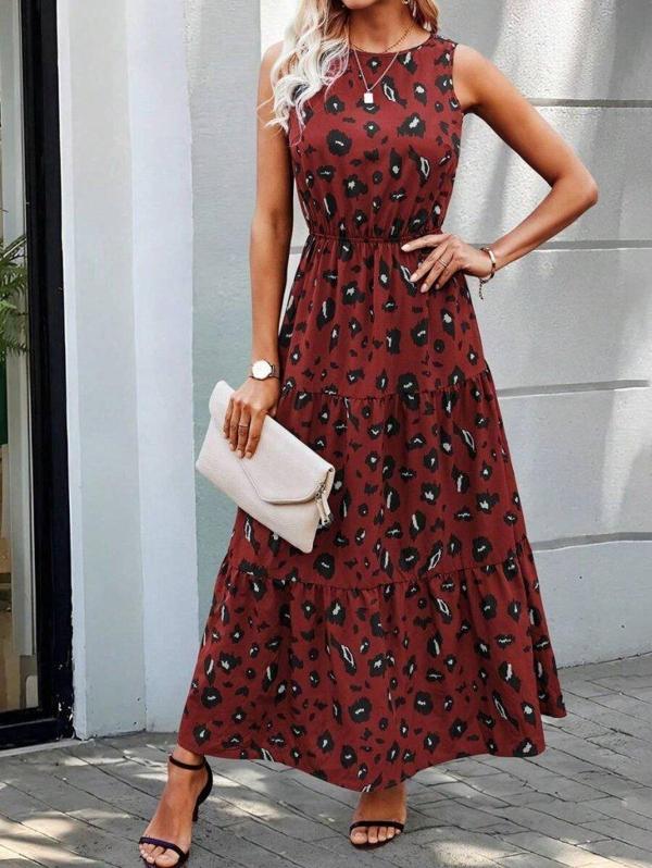 Kadın Kolsuz Bisiklet Yaka Beli Lastikli Desenli Süprem Elbise - Image 1