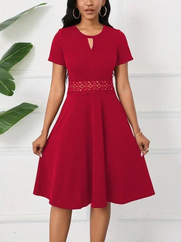 Kadın Kısa Kollu Yuvarlak Yaka Damla Detaylı Janjan Elbise - Image 1