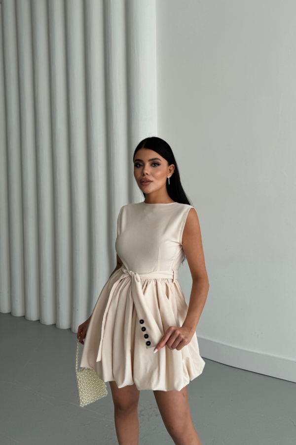 BALON ETEKLİ TASARIM KISA ELBİSE - Bej - Image 1