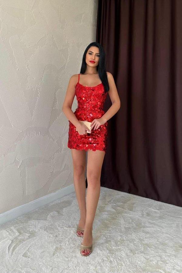 Kırmızı Payetli Askılı Elbise - Image 1