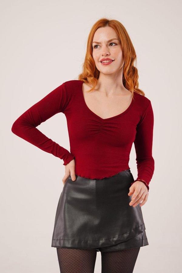Geniş Yaka Bordo Basic Body Bluz - Image 1