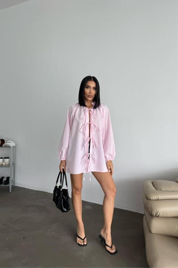 GÖMLEK POPLİN HAKİM YAKA ÖNDEN BAĞLAMA İP DETAYLI - Pembe - Image 1