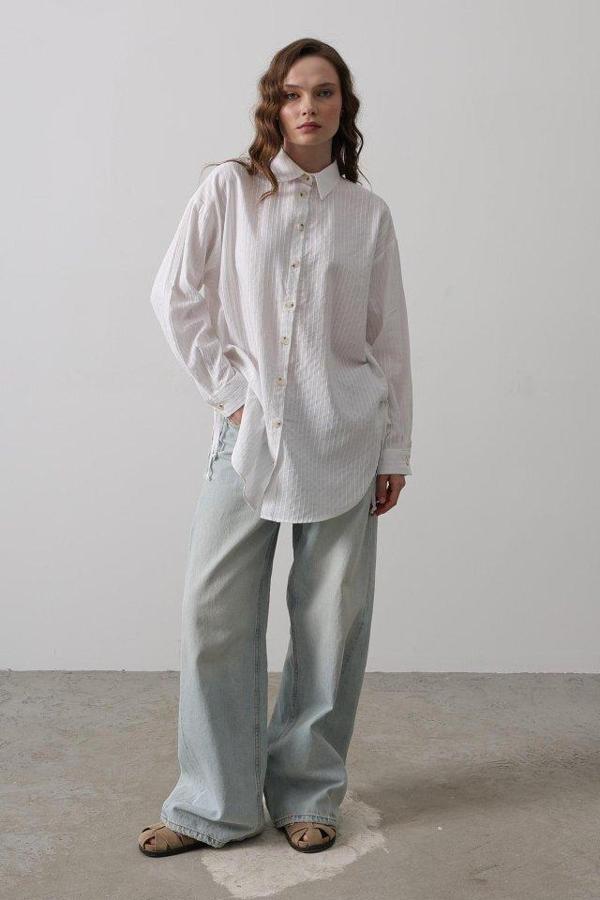 Yan Büzmeli Tunik Gömlek - Beyaz - Image 1