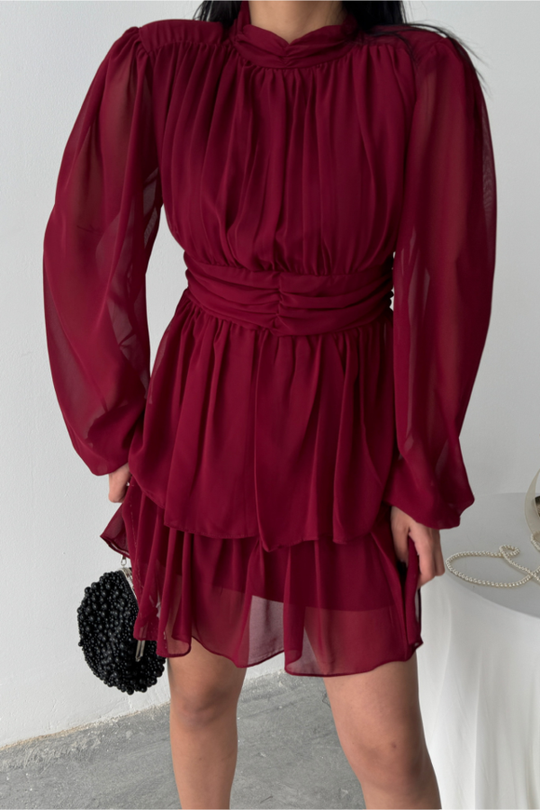 ŞİFON KATLI UZUN KOL ELBİSE - Bordo - Image 1