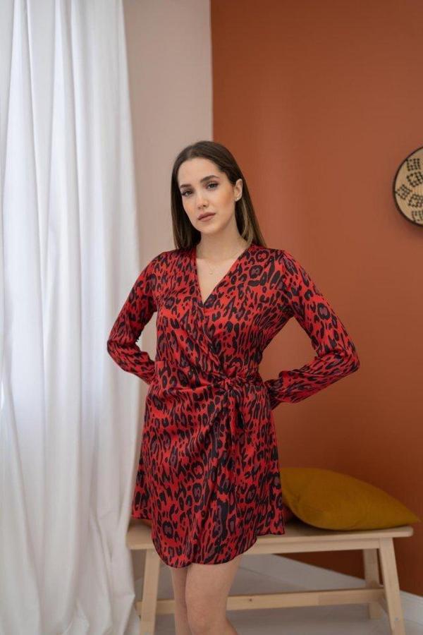 Kırmızı Leopar Desenli Saten Elbise - Image 1