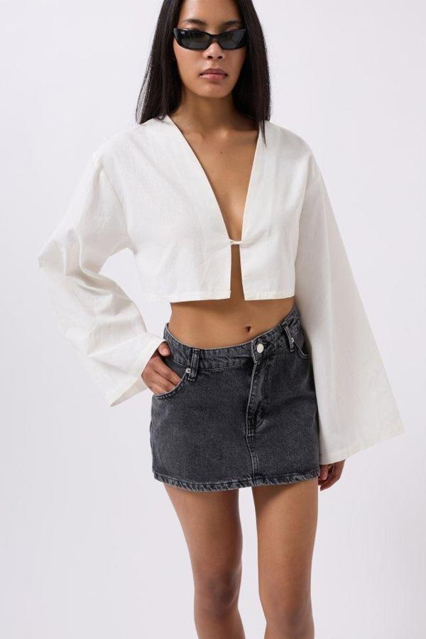Asimetrik Bel Denim Mini Etek - Image 1
