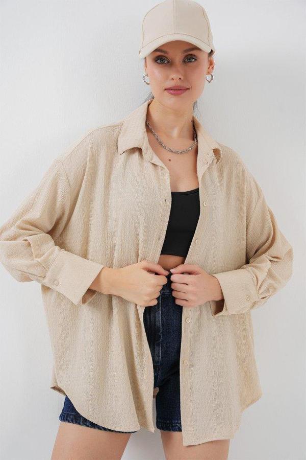 Örme Oversize Gömlek 20264 - Bej - Image 1