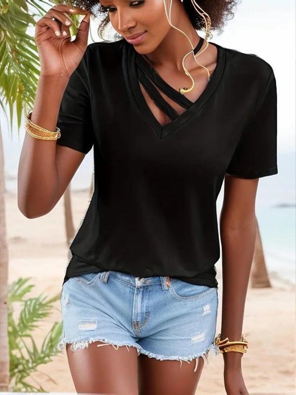 Kadın Kısa Kollu V Yaka şerit Detay Viskon Bluz - Image 1