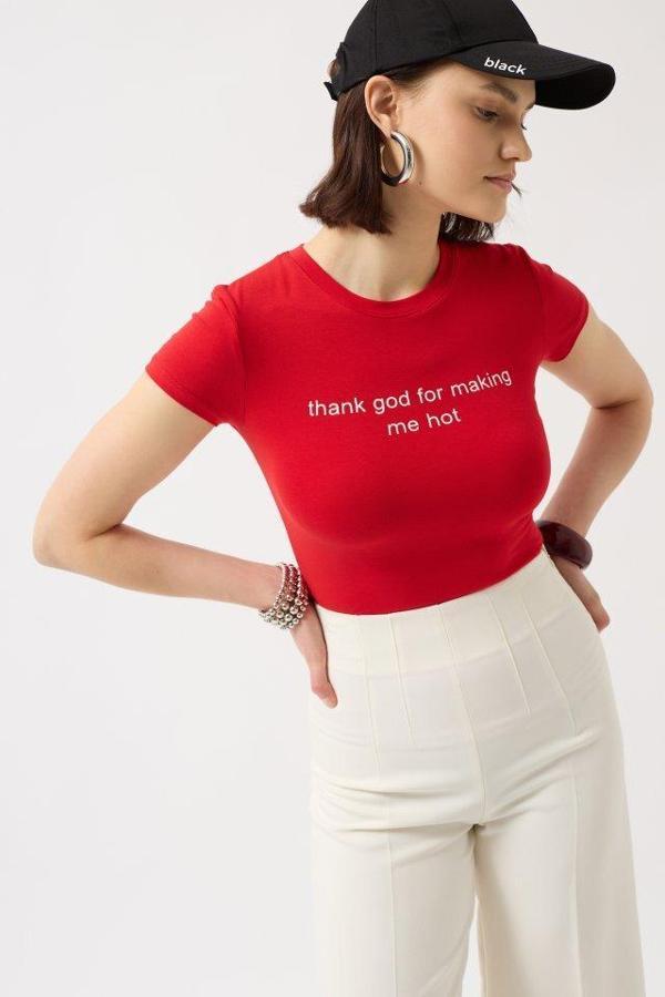 Thanks God Baskılı Likralı Crop T-Shirt - Image 1