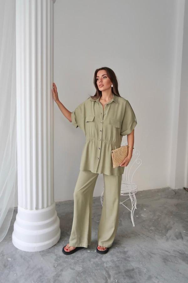 KETEN BELDEN BÜZGÜ DETAYLI GÖMLEK - PANTOLON TAKIM - Yeşil - Image 1